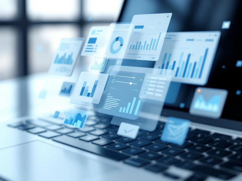 Laptop met zwevende 3D interface-elementen van aanpasbare boekhoudsoftware in blauw en zilver kleurenpalet