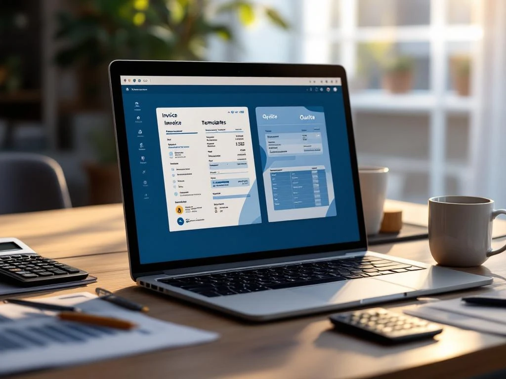 Laptop met boekhoudingssoftware en factuursjablonen op houten bureau met calculator en koffiekop