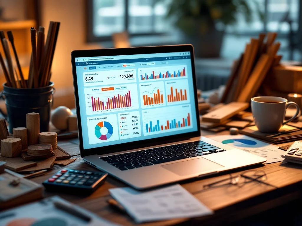 Laptop met boekhoudingssoftware en kostenoverzicht omringd door bouwmaterialen, rekenmachine en facturen op bureau