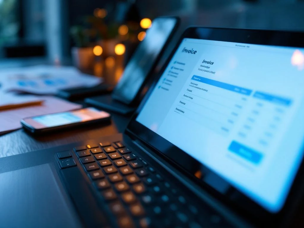 Laptop met digitale factuur interface en betaalknoppen op houten bureau met financiële documenten op achtergrond