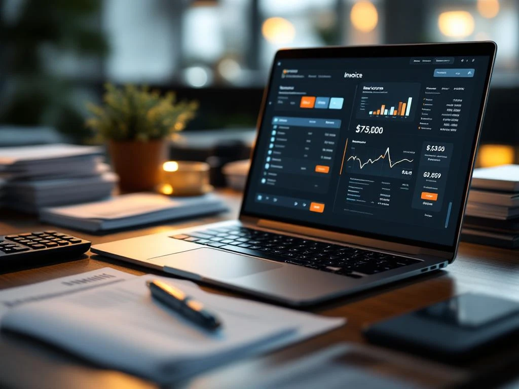 Laptop met factureringssoftware op houten bureau naast rekenmachine, pen en georganiseerde stapels facturen en bonnen