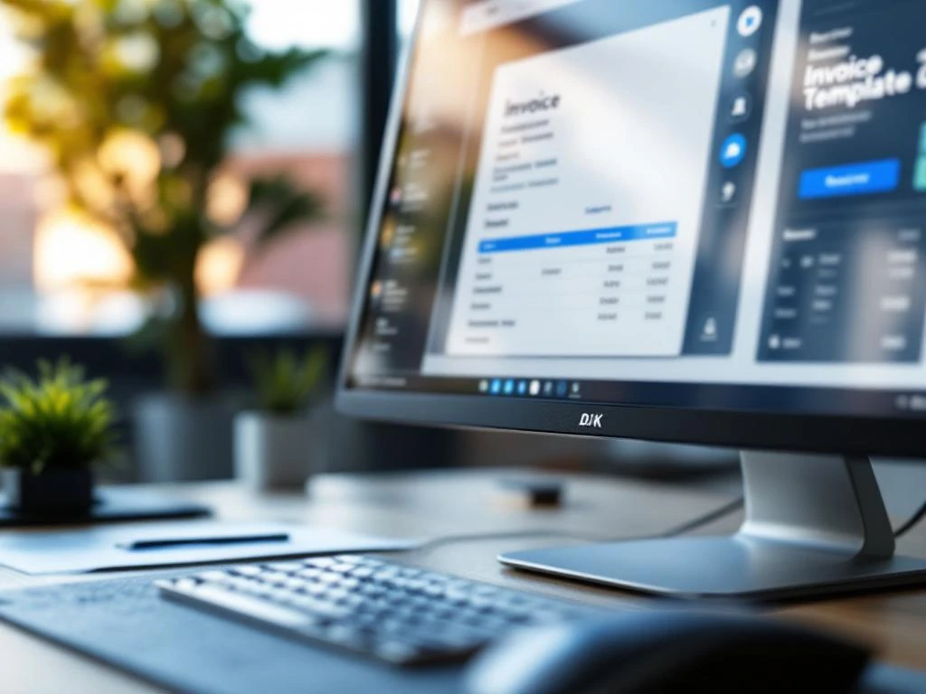 Computermonitor toont DK Software boekhoudprogramma met factuursjabloon, draadloze muis en toetsenbord op bureau