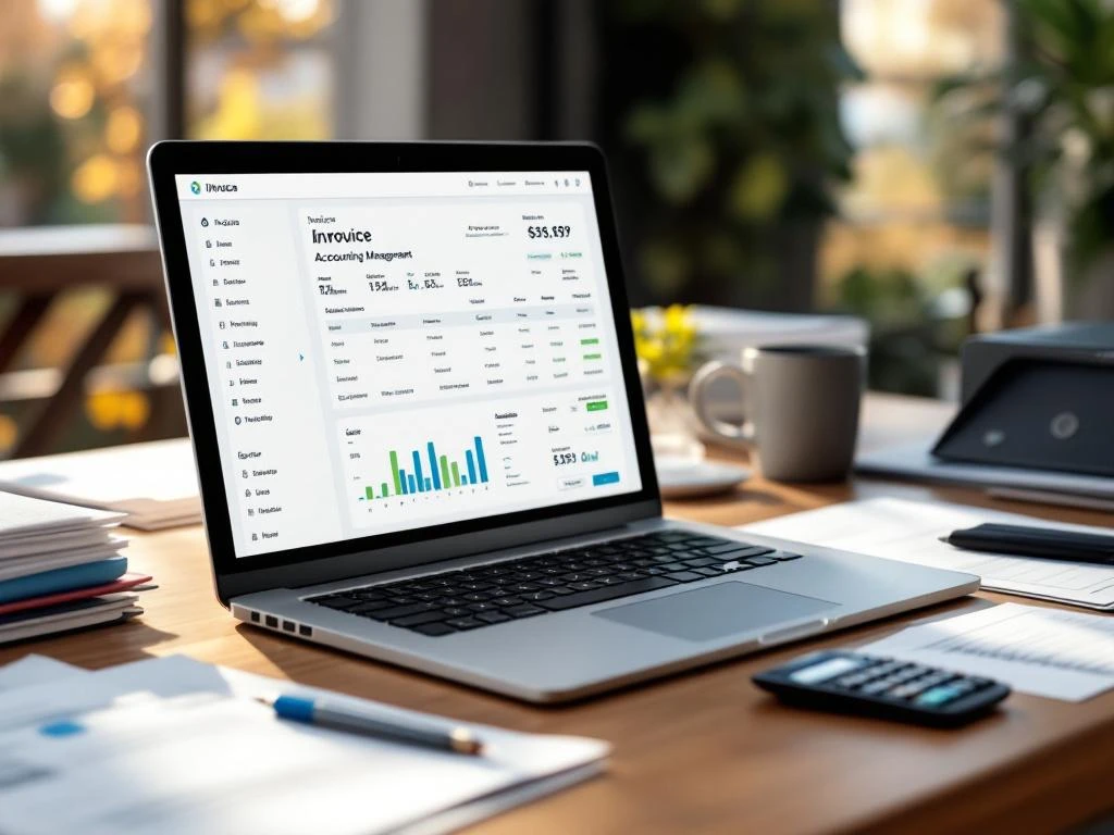 Laptop met factuurbeheersoftware op modern houten bureau met rekenmachine, papieren facturen en mappen