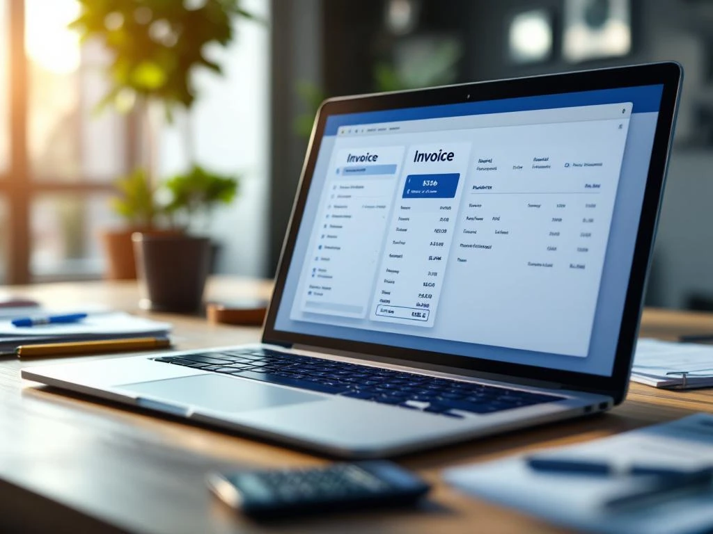 Laptop toont professionele factuur software interface op houten bureau met calculator en kantoorbenodigdheden