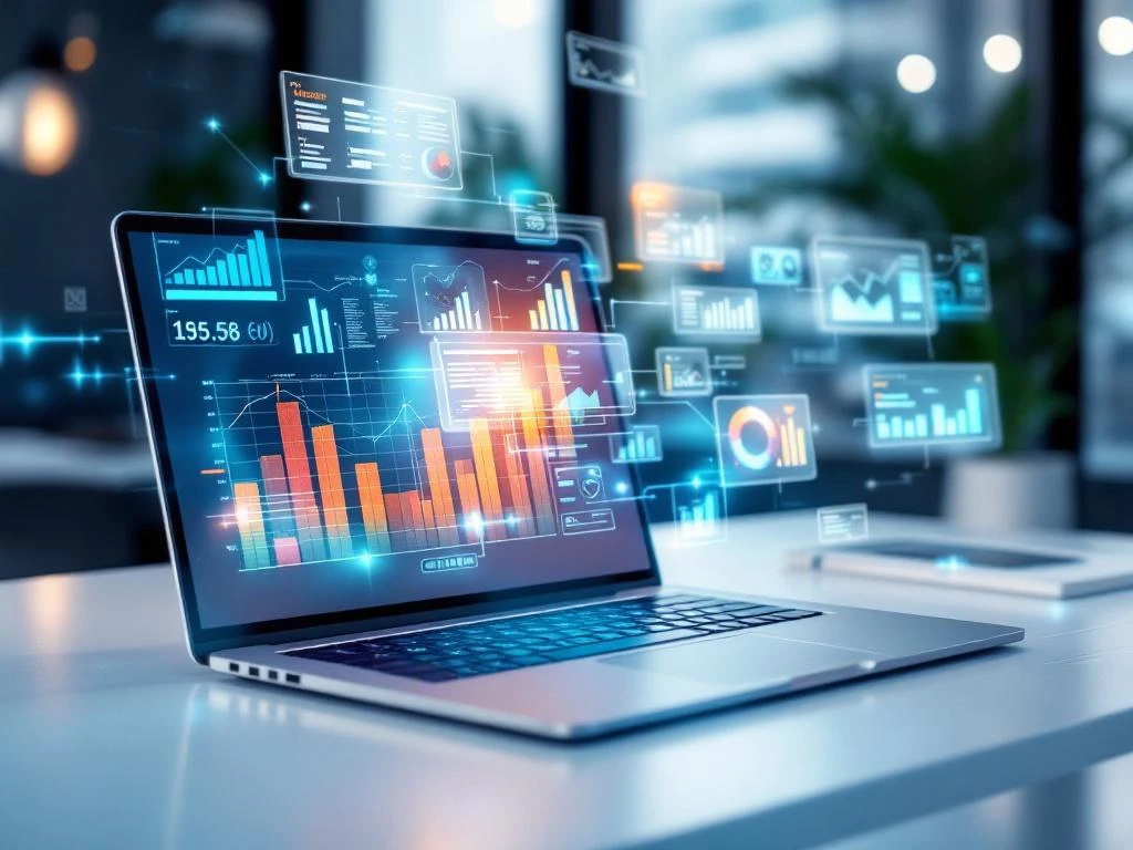 Moderne laptop met financiële grafieken op scherm en zwevende holografische rapporten verbonden door blauwe datastromen