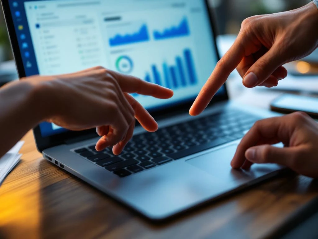 Twee handen boven laptop toetsenbord wijzen naar boekhoudingssoftware interface, symboliseert gebruikerstoegang verlenen