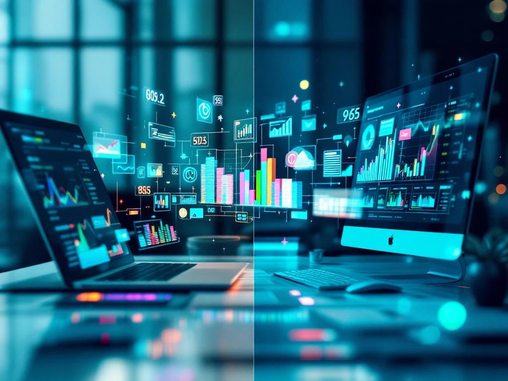 Twee werkplekken met laptops die financiële data delen via gloeiende digitale streams in blauw-groen kleurenpalet