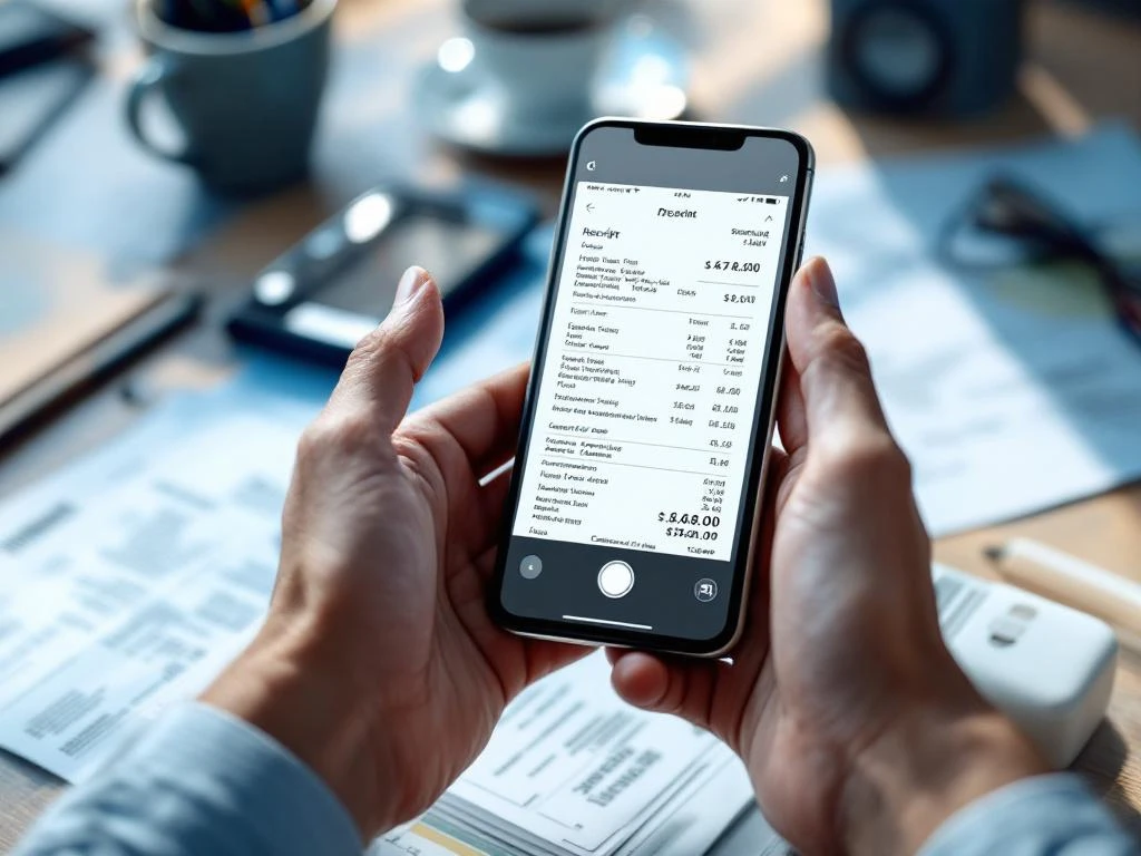 Smartphone scant papieren bon met boekhoud-app op bureau met financiële documenten en facturen
