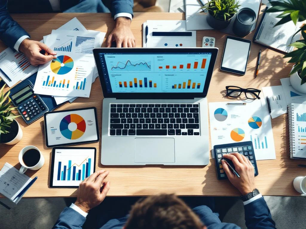 Zakelijke bureau met laptops die financiële dashboards tonen, omringd door documenten, rekenmachines en grafieken