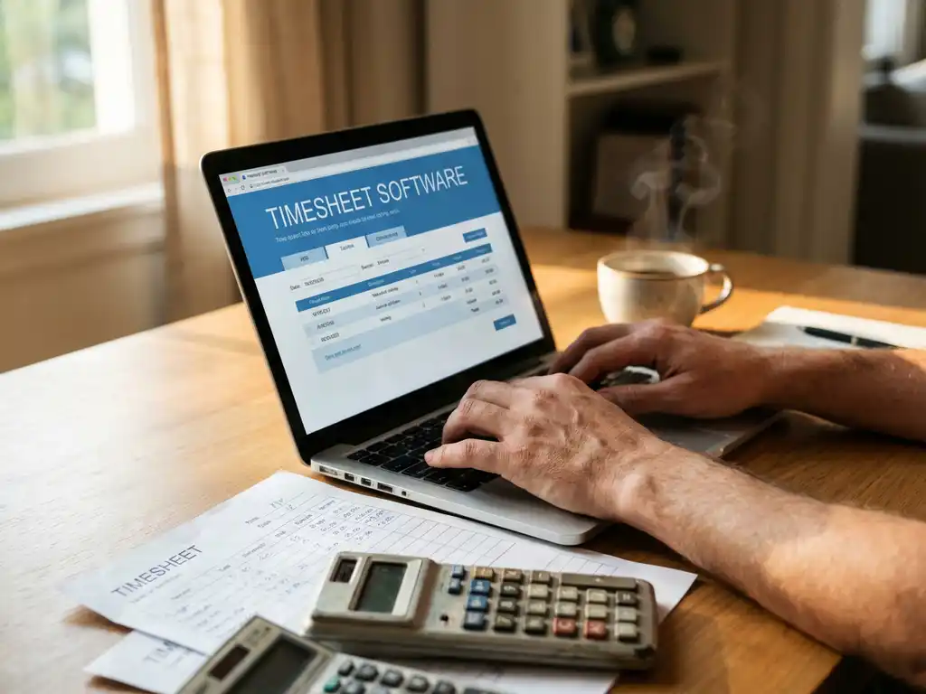 Moderne accountantswerkplek met laptop met digitale urenregistratie software, papieren urenstaten en rekenmachine op bureau