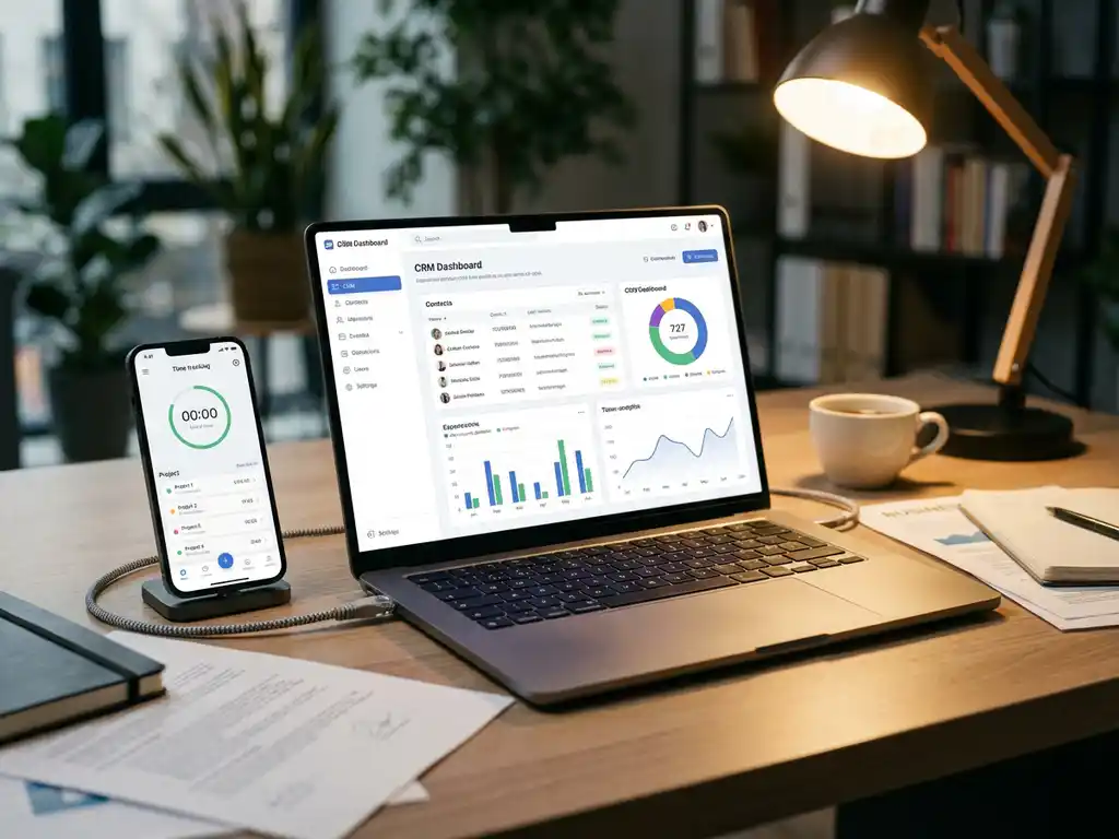 Moderne werkplek met laptop met CRM-dashboard en smartphone met tijdregistratie-app op houten bureau met koffie