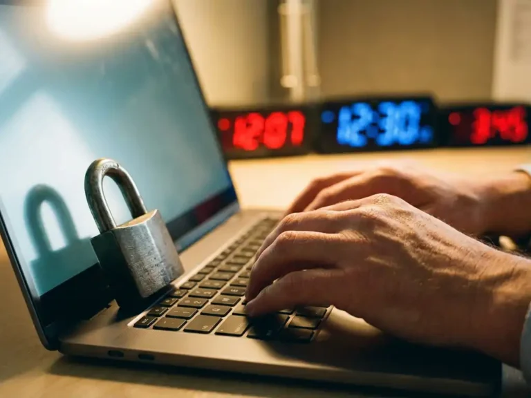 Zakenman typt op laptop met hangslot op rand, digitale klokken tonen tijdzones op achtergrond, cybersecurity concept
