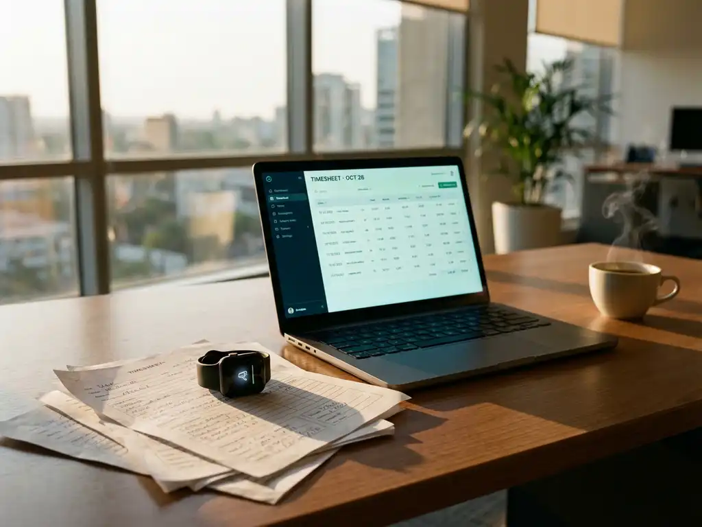 Moderne laptop met digitale urenregistratie-interface op bureau, smartwatch op papieren urenstaten, koffiekop ernaast