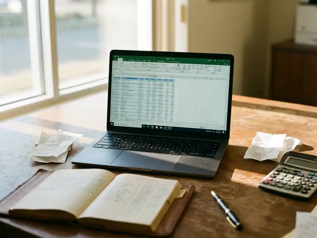 Moderne laptop met digitale spreadsheet op houten bureau omringd door rekenmachine, pen en papieren boekhouding