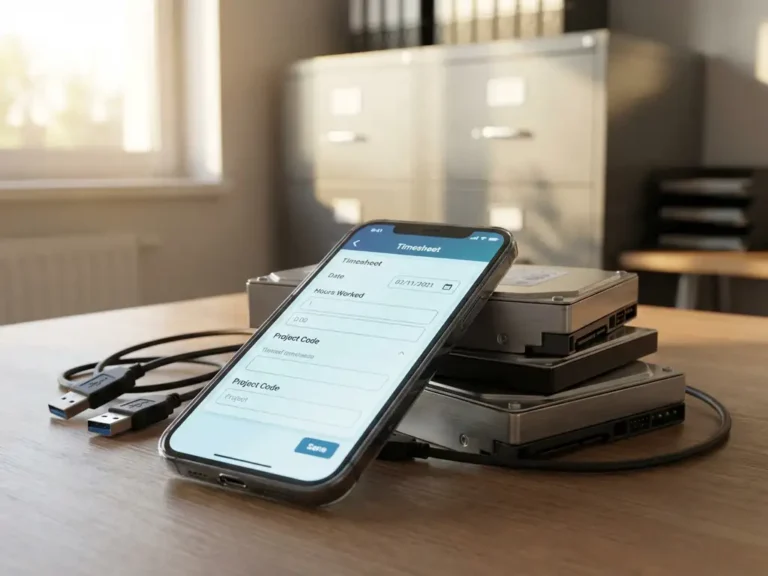 Smartphone met digitale timesheet app op stapel backup harde schijven in professionele kantooromgeving