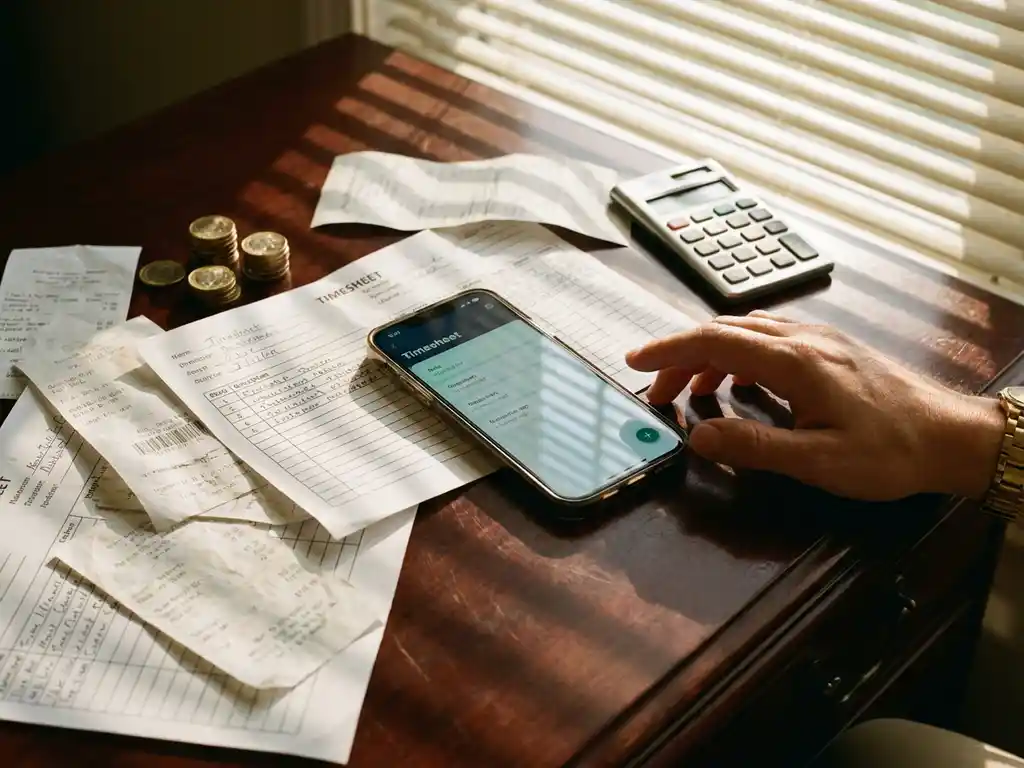Smartphone met digitale urenregistratie-app op bureau met papieren urenstaten, calculator en munten in zonlicht