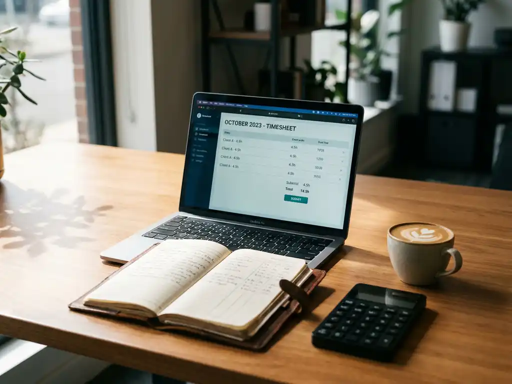 Moderne boekhouderwerkplek met laptop met digitale timesheet-interface, papieren logboek en calculator op houten bureau