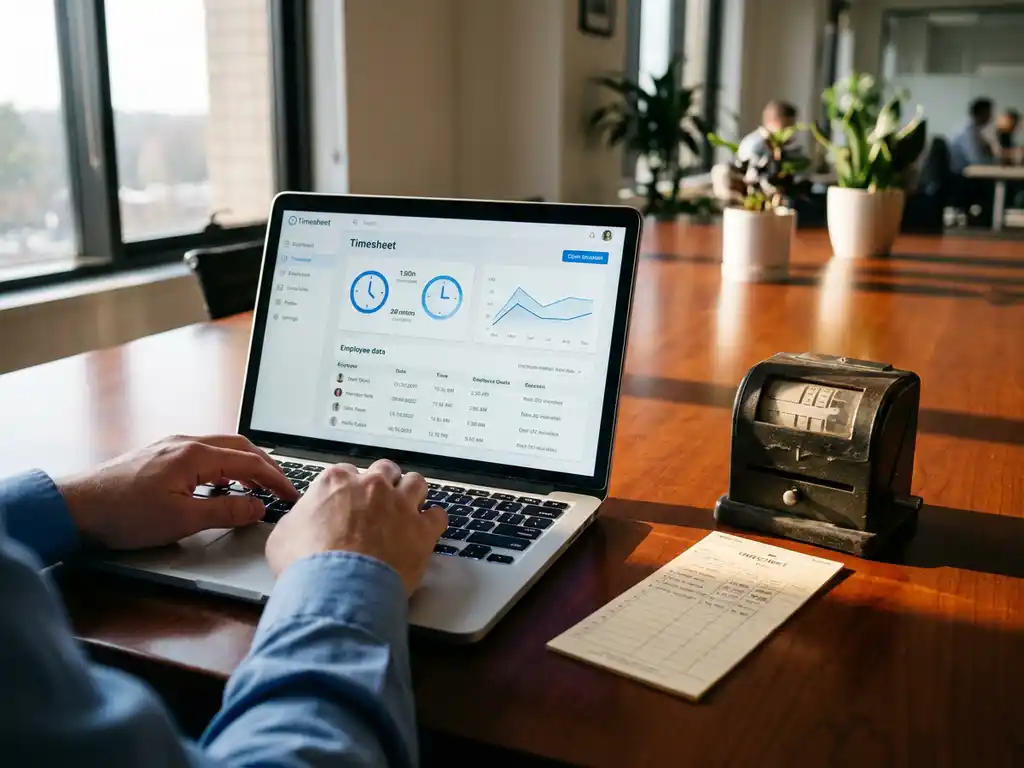 Handen typen op laptop met digitaal urenregistratiesysteem naast traditionele prikklok op kantoorbureau