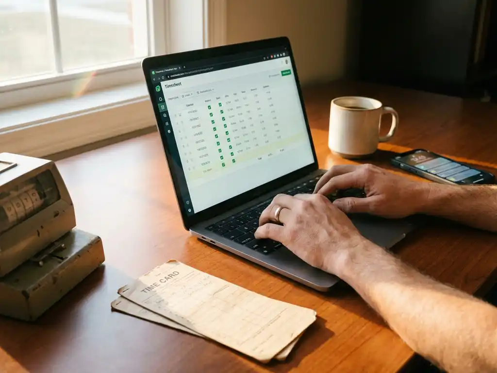 Handen typen op laptop met digitale urenregistratie-interface, traditionele prikklok op moderne bureau