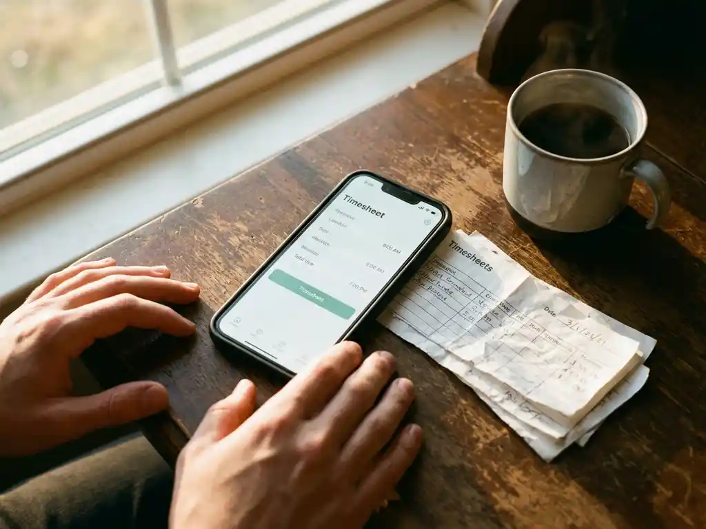 Smartphone met digitale urenregistratie-app op houten bureau naast koffiekop en papieren urenstaten