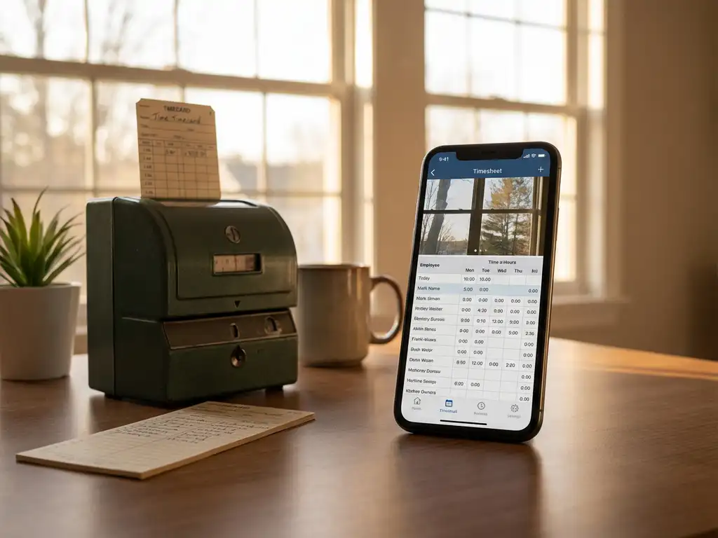 Smartphone met digitale urenregistratie-app op kantoorbureau naast traditionele prikklok en papieren tijdkaart
