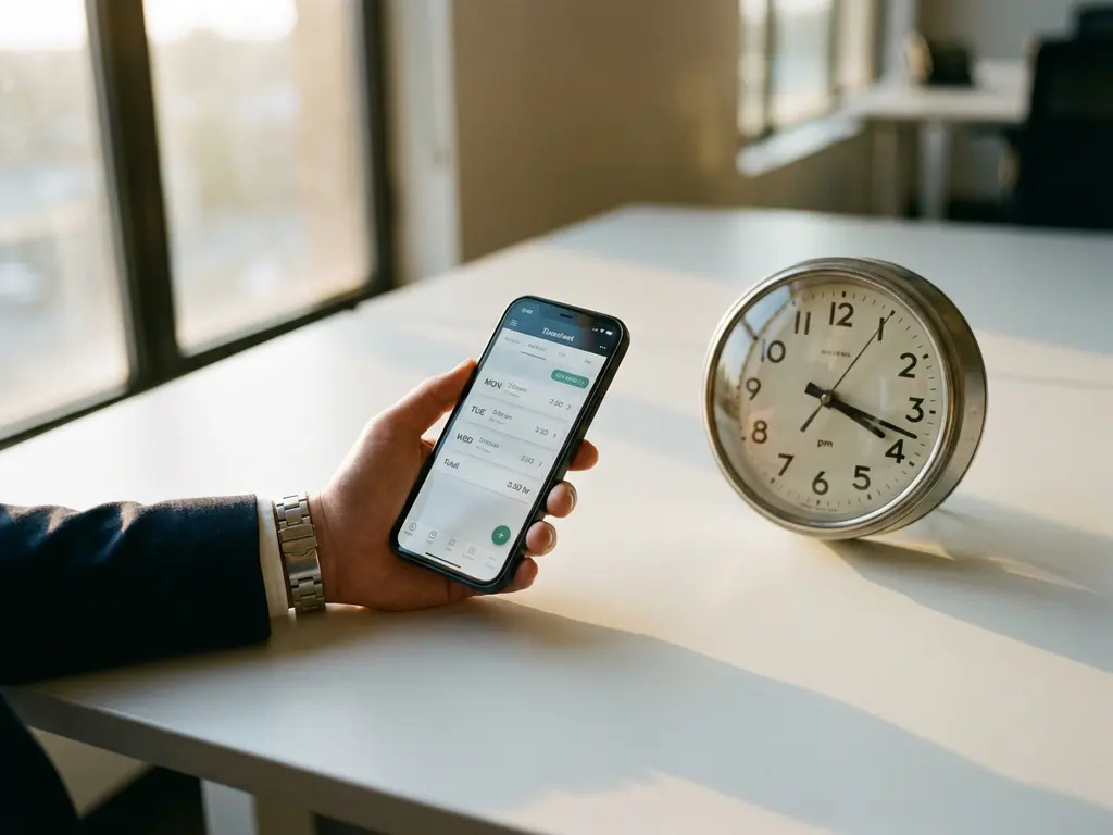 Hand houdt smartphone vast met digitale urenregistratie-app op wit bureau naast analoge klok bij raam