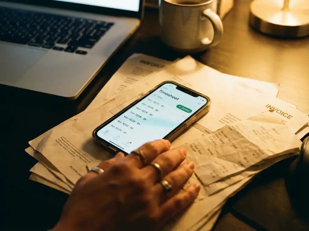 Smartphone met digitale urenregistratie-app op stapel papieren facturen, hand reikt naar apparaat op kantoorbureau