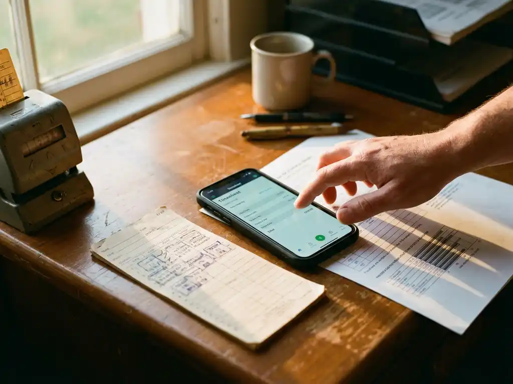 Moderne smartphone met digitale tijdregistratie-app op houten bureau naast traditionele prikklok en papieren tijdkaart
