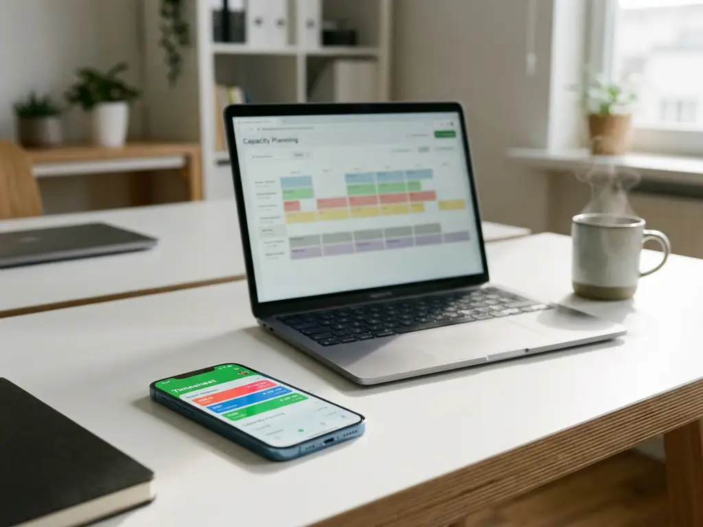 Smartphone met digitale urenregistratie-interface op wit bureau naast laptop met planningsgrafieken en koffiekop