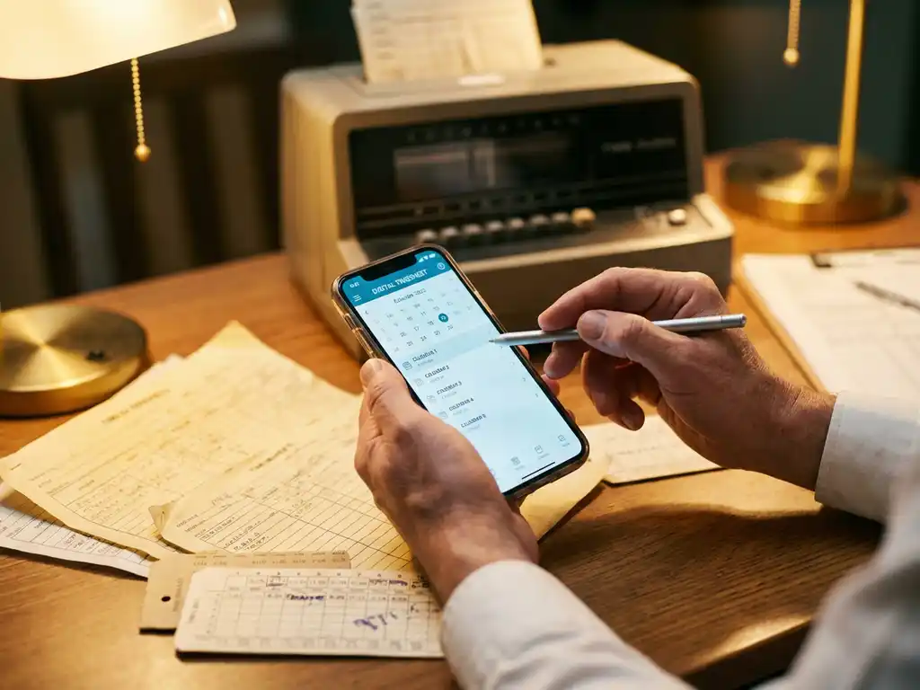 Smartphone met digitale tijdregistratie-app op bureau met papieren urenstaten en vintage prikklok op achtergrond