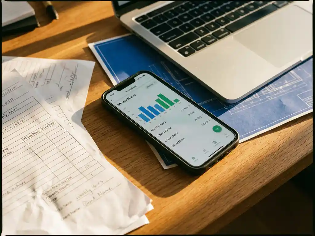 Smartphone met digitale urenregistratie-app op bureau met papieren timesheets en laptop toetsenbord op achtergrond