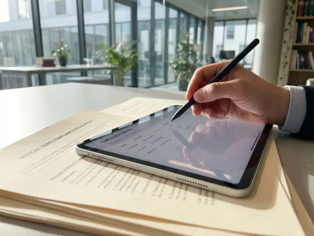 Moderne tablet met digitale urenstaat interface op stapel GDPR documenten, hand met stylus in kantooromgeving