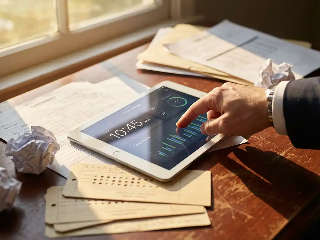 Moderne tablet met digitale tijdregistratie-interface op bureau met papieren urenstaten, zakenman raakt scherm aan