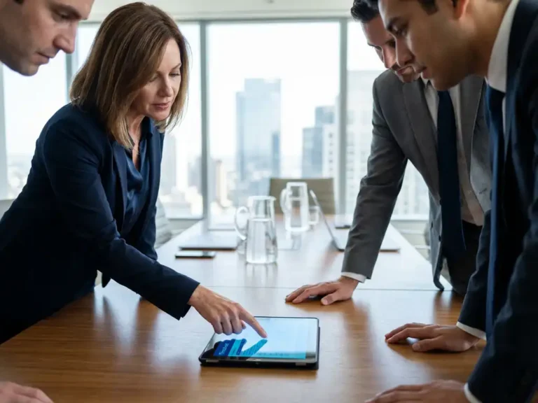 Professionele vrouw toont digitale urenregistratie-interface op tablet aan collega's in moderne vergaderruimte