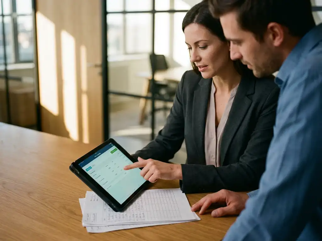 Professionele vrouw toont digitale tijdregistratie op tablet aan collega in modern kantoor met papieren timesheets