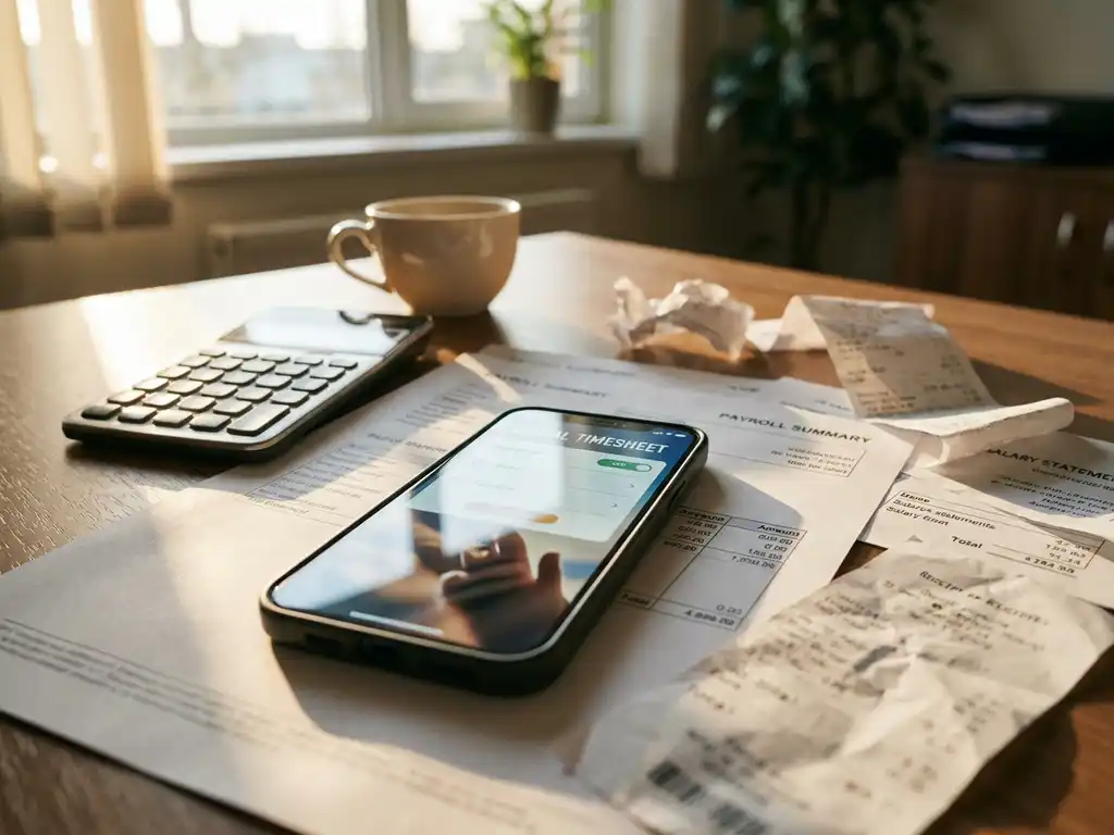 Smartphone met digitale urenregistratie-app op houten bureau tussen salarisstroken, rekenmachine en koffiekop