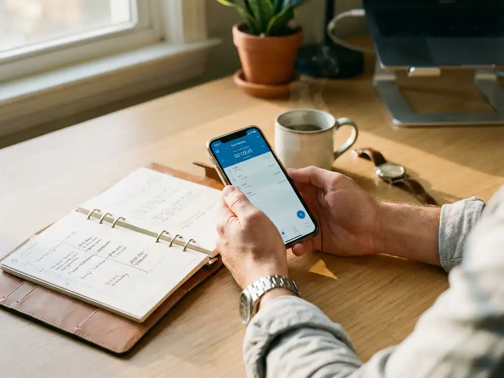 Professionele handen houden smartphone met digitale urenregistratie-app boven houten bureau naast papieren planner