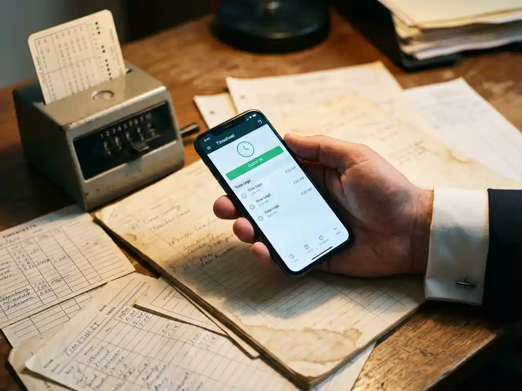 Zakenman houdt smartphone met digitale urenregistratie-app boven houten bureau met papieren urenstaten en prikklok