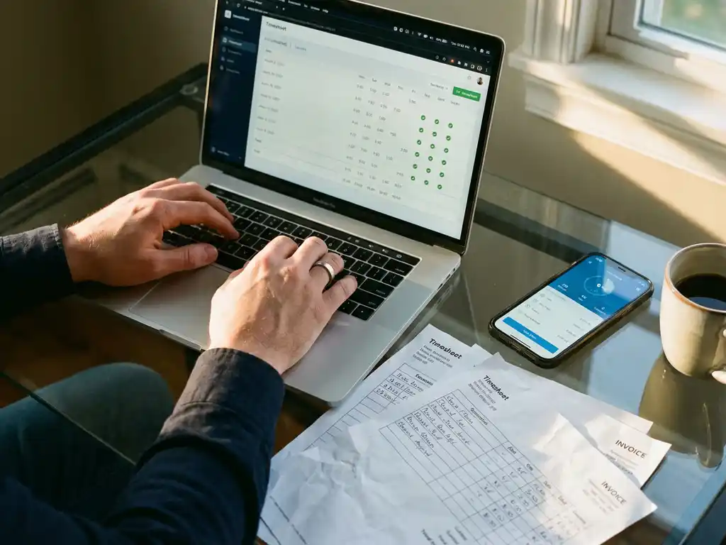 Professionele handen typen op laptop met digitale urenregistratie-interface, papieren urenstaten en smartphone op bureau