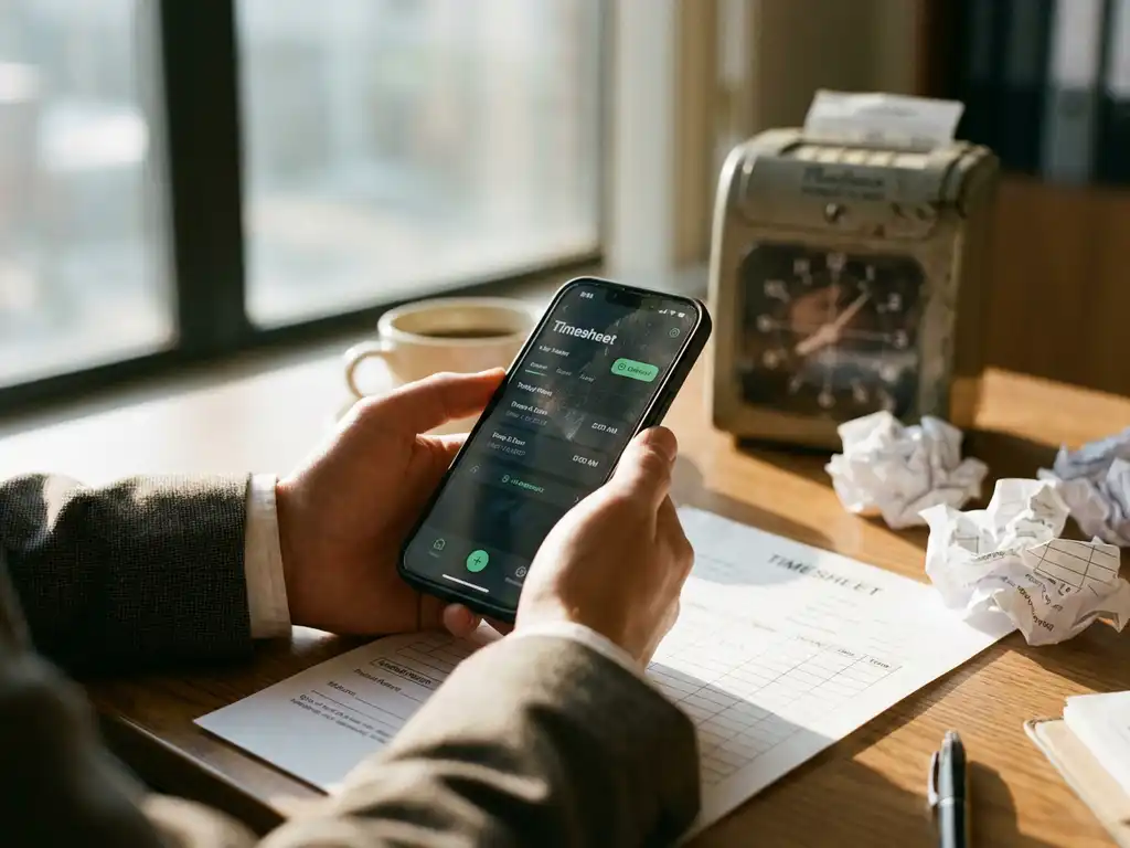 Professionele handen houden smartphone met digitale urenregistratie-app boven bureau met papieren urenstaten