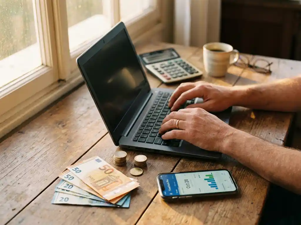 Handen typen op laptop naast smartphone met urenregistratie-app en georganiseerde eurobankbiljetten op houten bureau