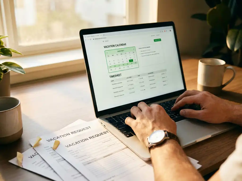 Professionele handen typen op laptop met digitaal urenregistratiesysteem en vakantiekalender op modern bureau