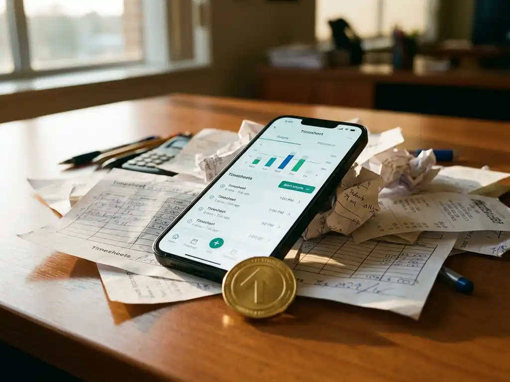 Smartphone met digitale urenregistratie-app op houten bureau met papieren urenstaten en rekenmachine, gouden munt vooraan