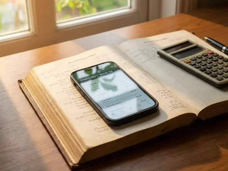 Smartphone met digitale urenstaat-app op open boekhoudboek, rekenmachine en pen op houten bureau