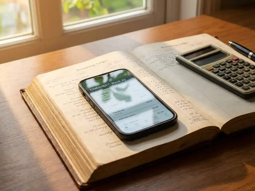 Smartphone met digitale urenstaat-app op open boekhoudboek, rekenmachine en pen op houten bureau