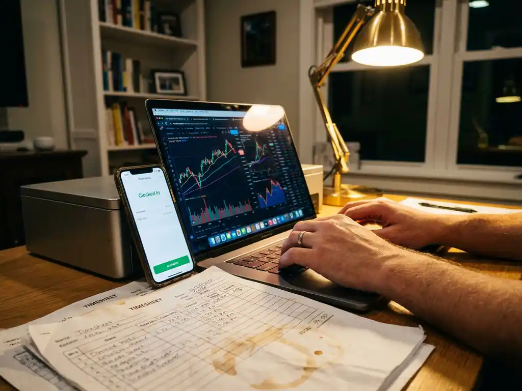 Laptop met kleurrijke financiële dashboardgrafieken op scherm, papieren urenstaten en smartphone met tijdregistratie-app