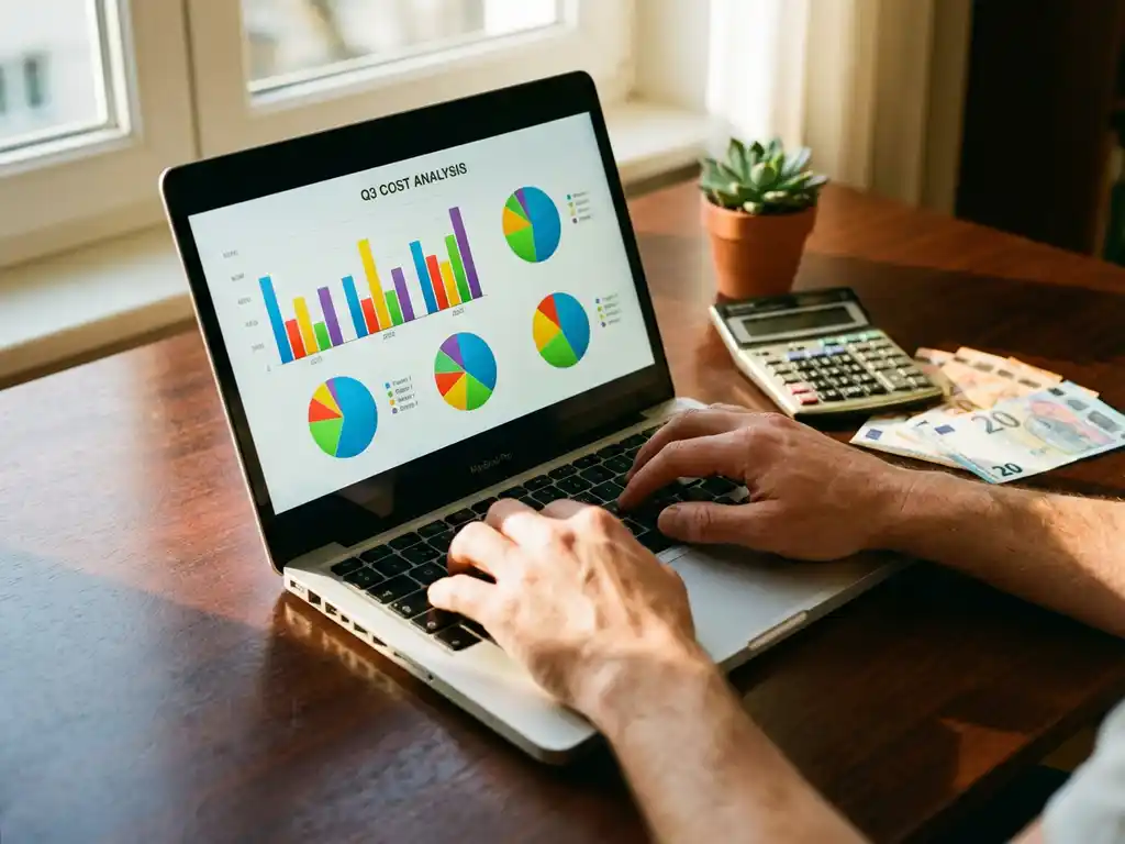 Laptop met kleurrijke kostenanalyse grafieken op scherm, calculator en eurobiljetten op houten bureau met succulent plant