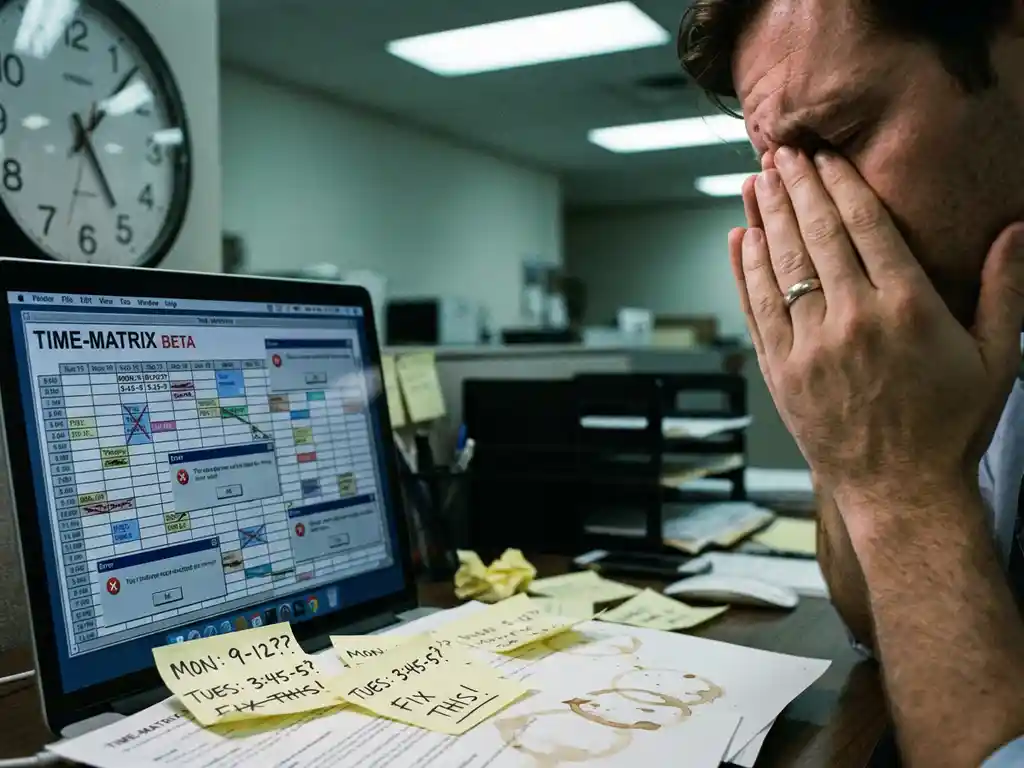 Gefrustreerde kantoormedewerker staart naar verwarrende tijdregistratie-interface op laptop met geplakte notities op bureau