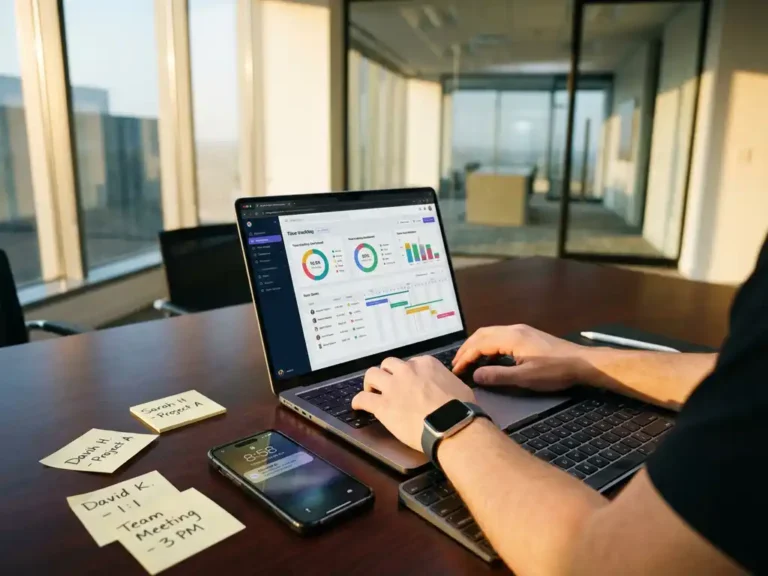 Office manager typt op laptop met tijdregistratie grafieken, smartphone met klok-in meldingen op bureau met sticky notes