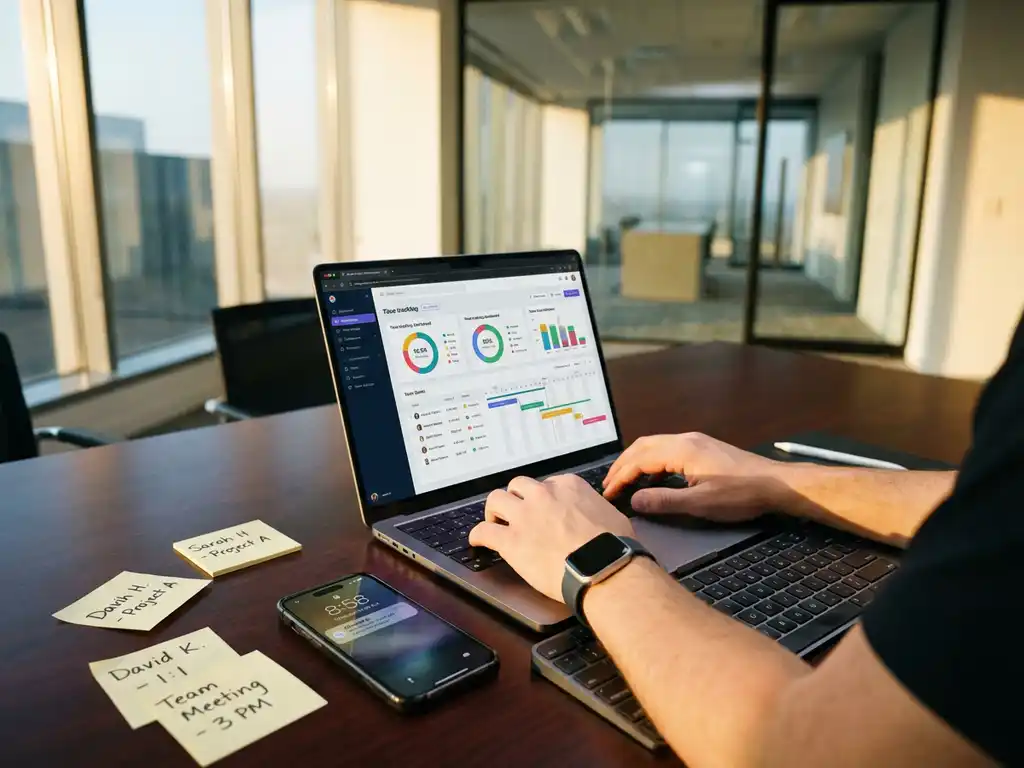Office manager typt op laptop met tijdregistratie grafieken, smartphone met klok-in meldingen op bureau met sticky notes